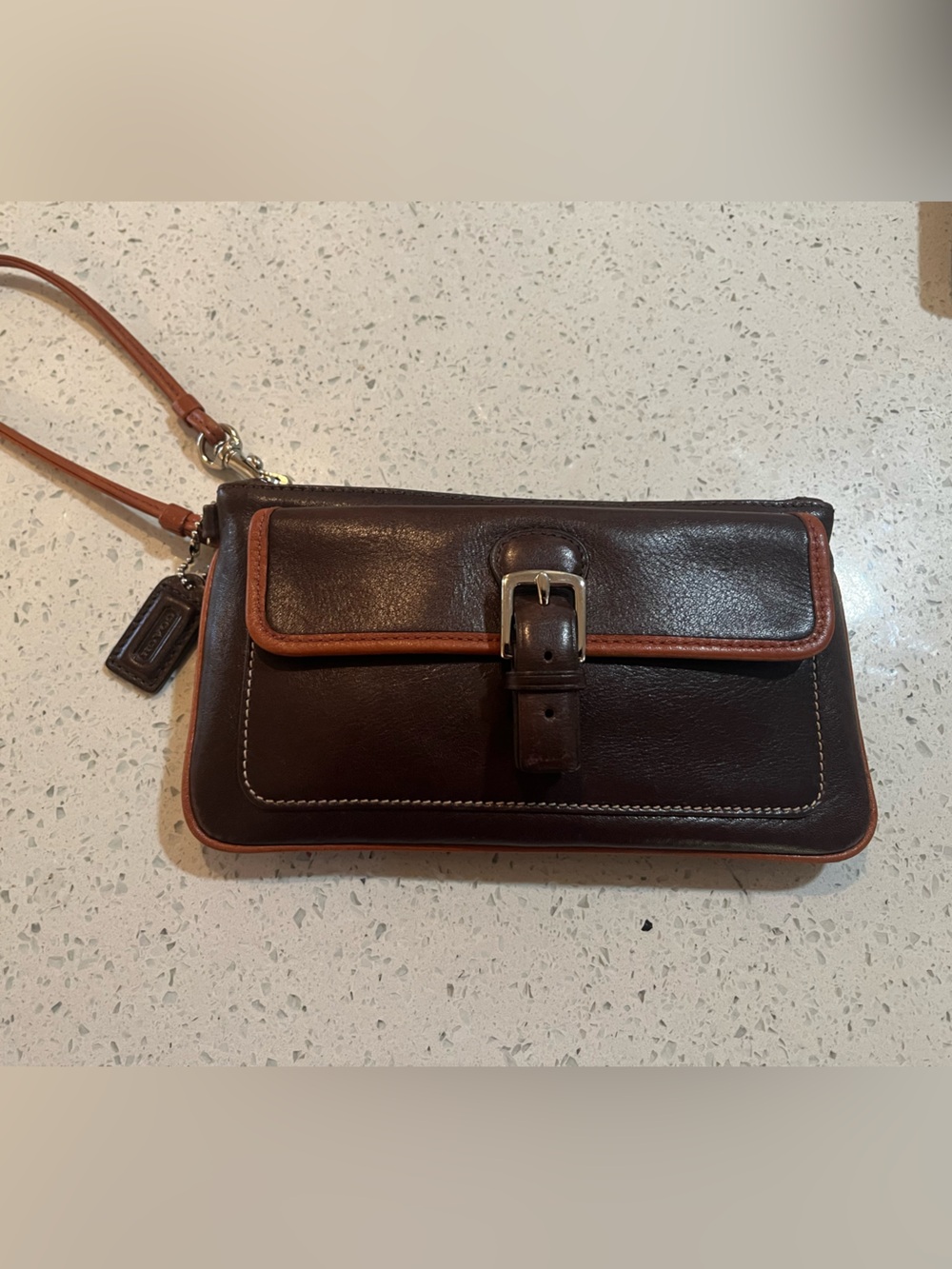 Coach Dark Brown Wristlet Wallet with Tan Trim